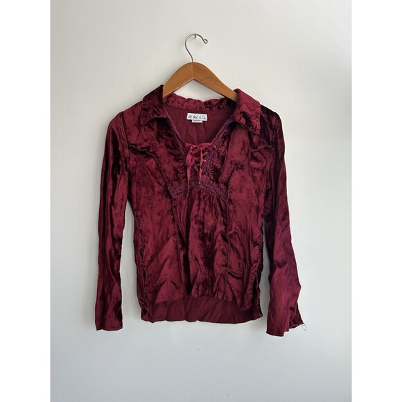 Vintage At Last & Co Red Velvet Crochet Lace Up Whimsigoth Top Size M - Picture 1 of 9